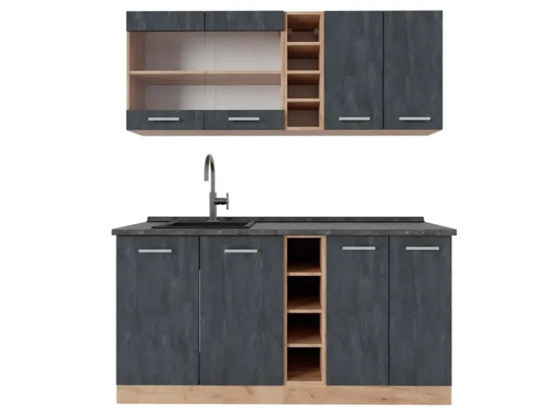 Discount Vicco R-Line Mini-Küche Schwarz Beton/Goldkraft Eiche 160 cm AP Anthrazit ohne E-Geräte Miniküchen|Single-Küchen
