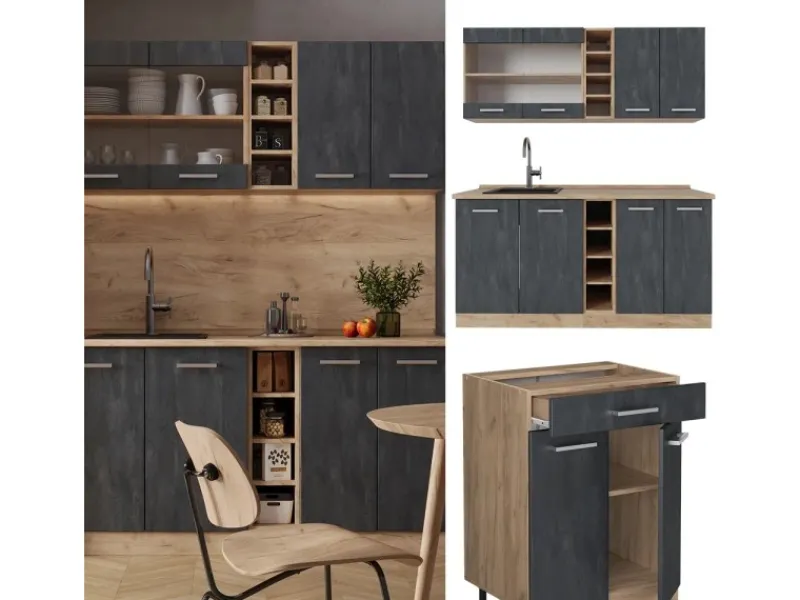 Discount Vicco R-Line Mini-Küche Schwarz Beton/Goldkraft Eiche 160 cm AP Anthrazit ohne E-Geräte Miniküchen|Single-Küchen