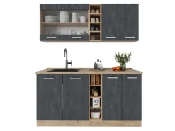 Best Vicco R-Line Mini-Küche Schwarz Beton/Goldkraft Eiche 160 cm AP Marmor ohne E-Geräte Beton Dunkelgrau
