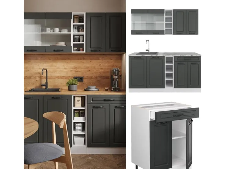 Single-Küchen<Vicco R-Line Singleküche Anthrazit Landhaus/Weiß 160 cm ohne Arbeitsplatte ohne E-Geräte Anthrazit Struktur