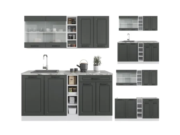 Single-Küchen<Vicco R-Line Singleküche Anthrazit Landhaus/Weiß 160 cm ohne Arbeitsplatte ohne E-Geräte Anthrazit Struktur