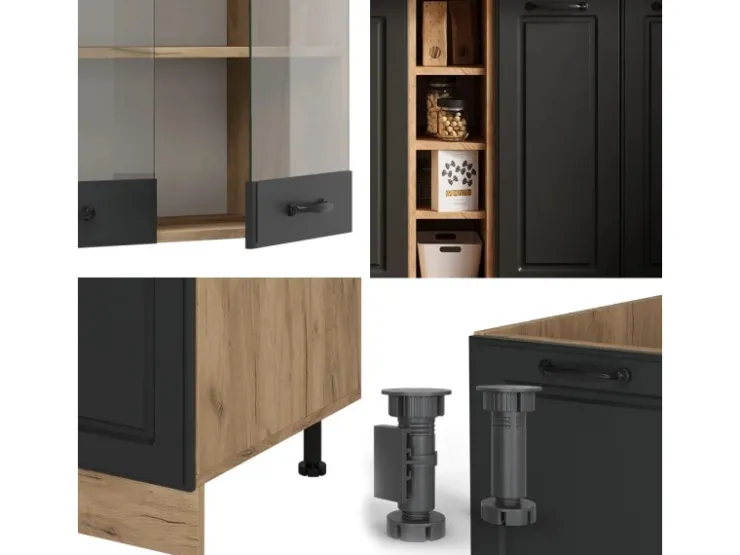 Best Vicco R-Line Singleküche Landhaus/ 160 cm AP Eiche ohne E-Geräte Anthrazit