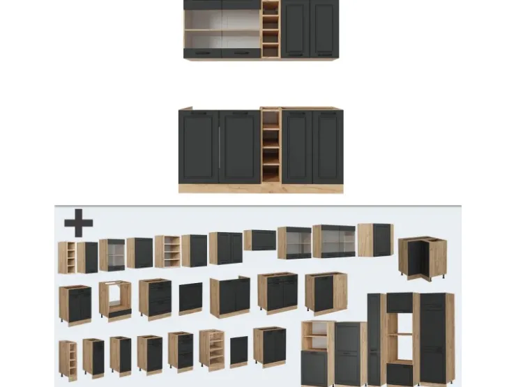 Best Vicco R-Line Singleküche Landhaus/ 160 cm AP Eiche ohne E-Geräte Anthrazit
