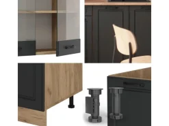 New Vicco R-Line Singleküche Anthrazit Landhaus/Goldkraft Eiche 140 cm AP Marmor ohne E-Geräte Anthrazit Struktur