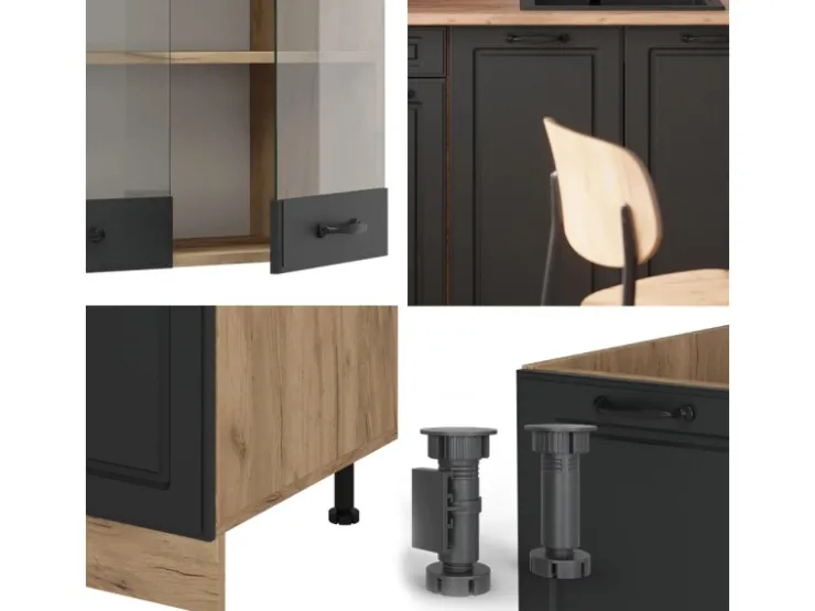 New Vicco R-Line Singleküche Anthrazit Landhaus/Goldkraft Eiche 140 cm AP Marmor ohne E-Geräte Anthrazit Struktur