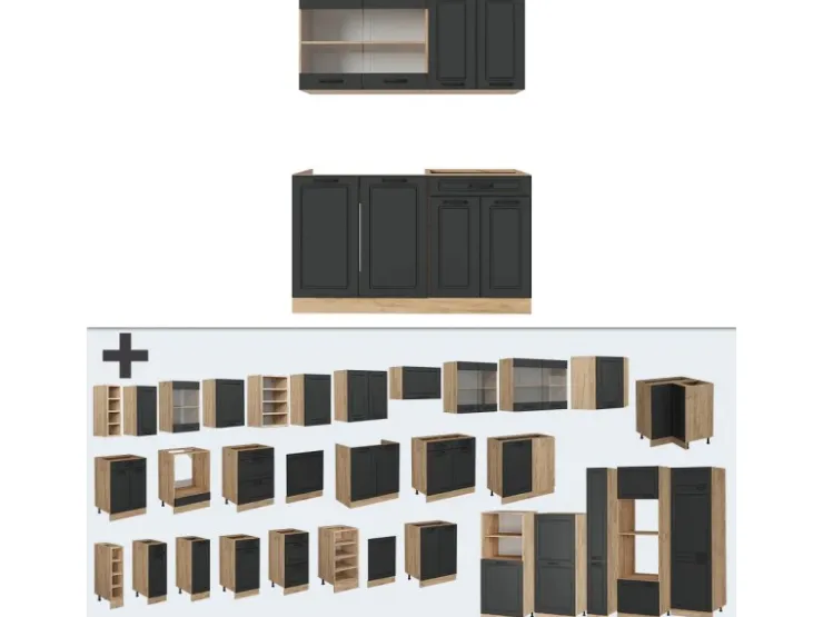 New Vicco R-Line Singleküche Anthrazit Landhaus/Goldkraft Eiche 140 cm AP Marmor ohne E-Geräte Anthrazit Struktur