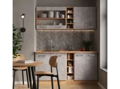Single-Küchen|Miniküchen<Vicco R-Line Singleküche /Goldkraft Eiche 160 cm AP Marmor ohne E-Geräte Beton