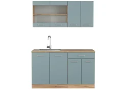 New Vicco R-Line Singleküche Blau-Grau/Goldkraft Eiche 140 cm AP Eiche ohne E-Geräte Blaugrau