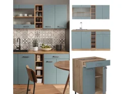 Vicco R-Line Singleküche Blau-Grau/Goldkraft Eiche 160 cm AP Eiche ohne E-Geräte Single-Küchen|Einbauküchen