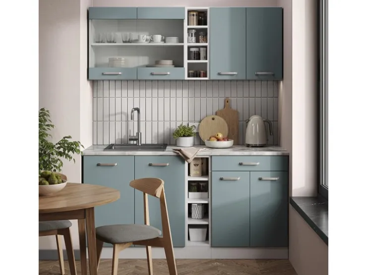 Single-Küchen<Vicco R-Line Singleküche Blau-Grau/Weiß 160 cm AP Eiche ohne E-Geräte Blaugrau