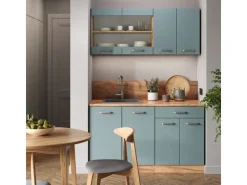 Single-Küchen|Miniküchen<Vicco R-Line Singleküche Blau-Grau/Goldkraft Eiche 140 cm AP Marmor ohne E-Geräte Blaugrau