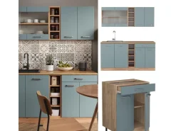 Hot Vicco R-Line Singleküche Blau-Grau/Goldkraft Eiche 160 cm AP Marmor ohne E-Geräte Blaugrau
