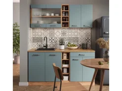 Hot Vicco R-Line Singleküche Blau-Grau/Goldkraft Eiche 160 cm AP Marmor ohne E-Geräte Blaugrau