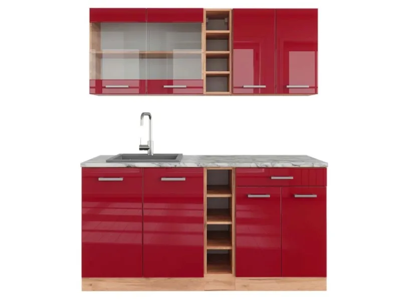 Hot Vicco R-Line Singleküche Bordeaux Hochglanz/Goldkraft Eiche 160 cm AP Marmor ohne E-Geräte Single-Küchen