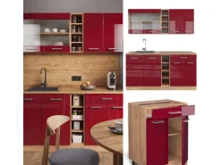 Hot Vicco R-Line Singleküche Bordeaux Hochglanz/Goldkraft Eiche 160 cm AP Marmor ohne E-Geräte Single-Küchen