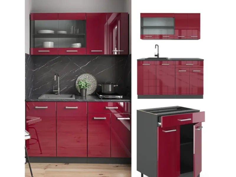 Sale Vicco R-Line Singleküche Bordeaux Hochglanz/Anthrazit 140 cm AP Anthrazit ohne E-Geräte Single-Küchen
