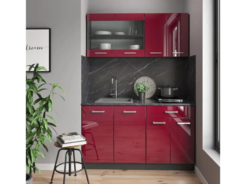 Sale Vicco R-Line Singleküche Bordeaux Hochglanz/Anthrazit 140 cm AP Anthrazit ohne E-Geräte Single-Küchen