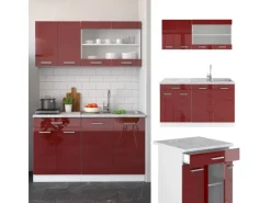 Discount Vicco R-Line Singleküche Bordeaux Hochglanz/Weiß 140 cm AP Anthrazit ohne E-Geräte Single-Küchen