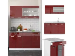 Single-Küchen<Vicco R-Line Singleküche Bordeaux Hochglanz/Weiß 140 cm AP Eiche ohne E-Geräte Brilliant Bordeaux