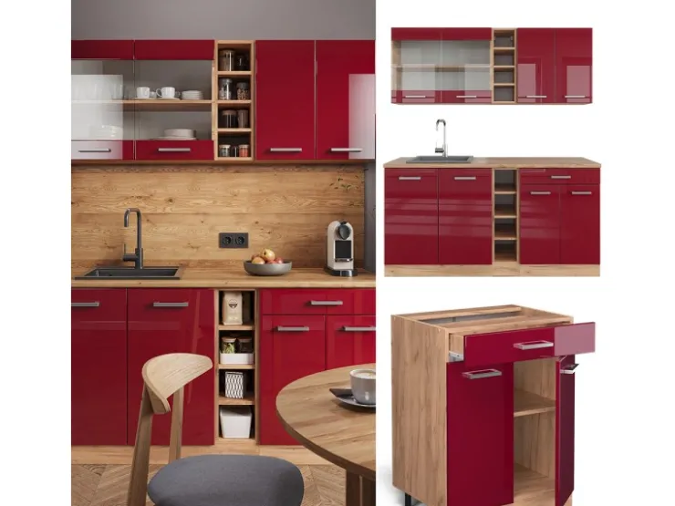 Single-Küchen<Vicco R-Line Singleküche Bordeaux Hochglanz/Goldkraft Eiche 160 cm AP Anthrazit ohne E-Geräte Bordeaux-Glanz