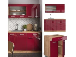 Hot Vicco R-Line Singleküche Bordeaux Hochglanz/Goldkraft Eiche 140 cm AP Eiche ohne E-Geräte Bordeaux-Glanz