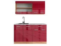 New Vicco R-Line Singleküche Bordeaux Hochglanz/Goldkraft Eiche 140 cm AP Marmor ohne E-Geräte Bordeaux-Glanz