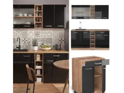 Clearance Vicco R-Line Singleküche /Goldkraft Eiche 160 cm AP Eiche ohne E-Geräte Schwarz Hochglanz