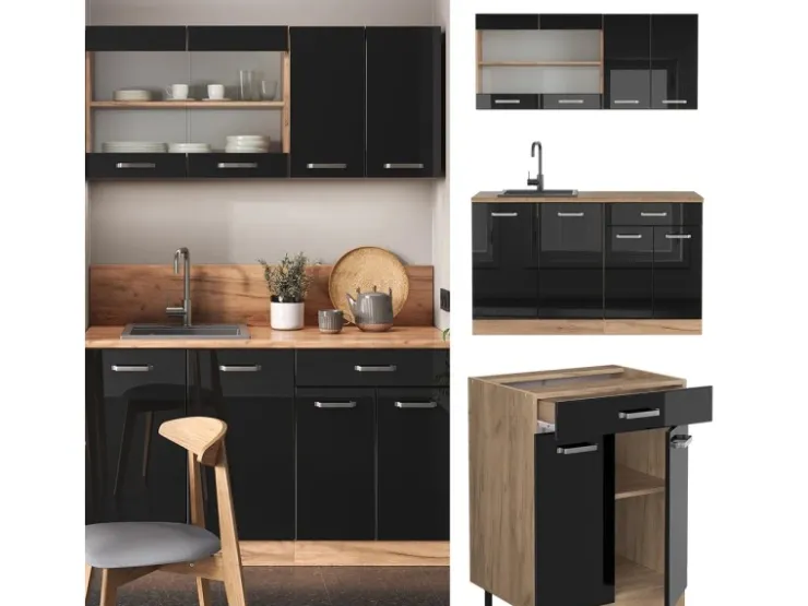 Single-Küchen<Vicco R-Line Singleküche /Goldkraft Eiche 140 cm AP Eiche ohne E-Geräte Schwarz Hochglanz