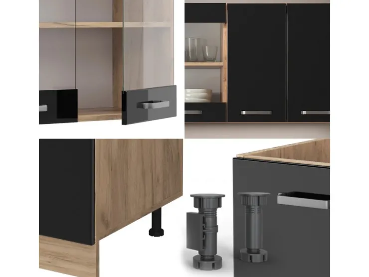 Single-Küchen<Vicco R-Line Singleküche /Goldkraft Eiche 140 cm AP Eiche ohne E-Geräte Schwarz Hochglanz