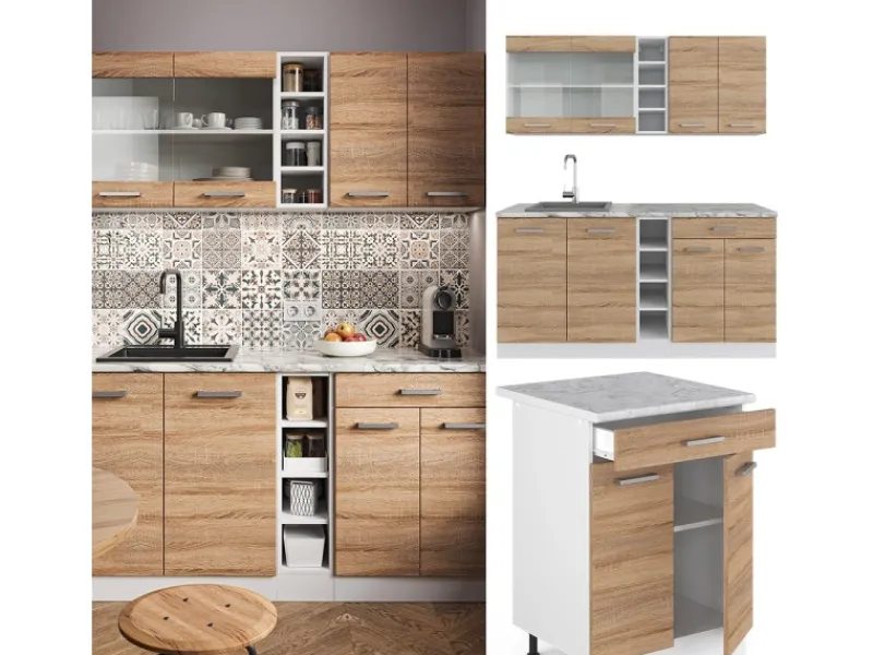 Vicco R-Line Singleküche Sonoma/Weiß 160 cm AP Anthrazit ohne E-Geräte Single-Küchen