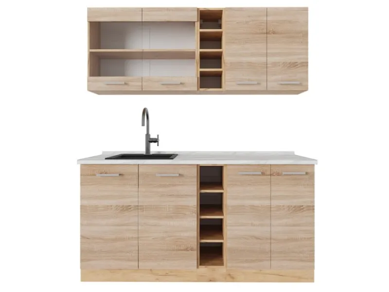 Vicco R-Line Single Küche Sonoma/Goldkraft Eiche 160 cm AP Marmor ohne E-Geräte Single-Küchen