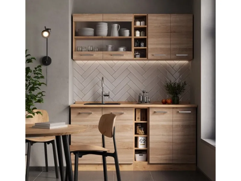 Vicco R-Line Single Küche Sonoma/Goldkraft Eiche 160 cm AP Marmor ohne E-Geräte Single-Küchen