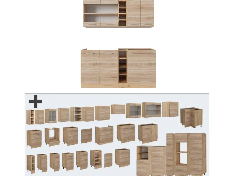 Vicco R-Line Single Küche Sonoma/Goldkraft Eiche 160 cm AP Marmor ohne E-Geräte Single-Küchen