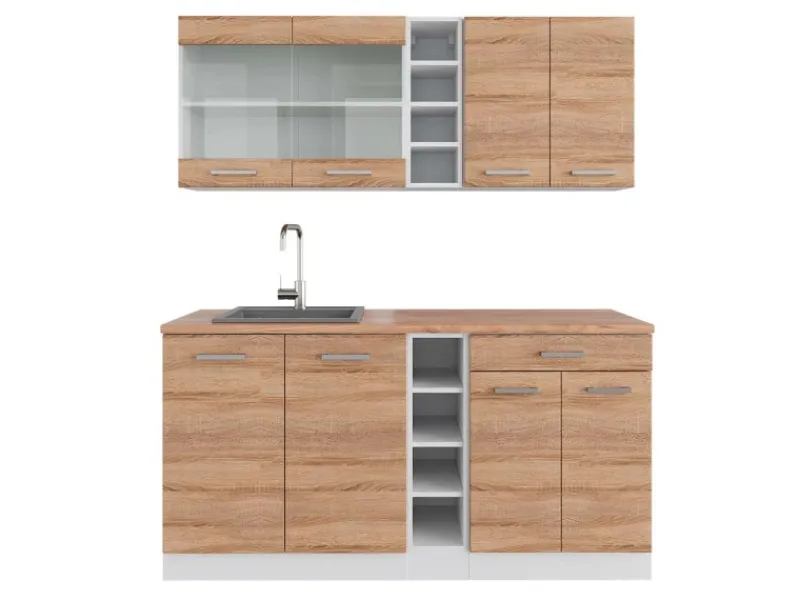 Vicco R-Line Singleküche Sonoma/Weiß 160 cm AP Eiche ohne E-Geräte Single-Küchen