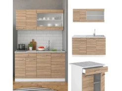 Single-Küchen<Vicco R-Line Singleküche Sonoma/Weiß 140 cm AP Eiche ohne E-Geräte Sonoma-Weiß
