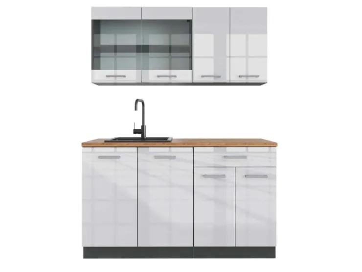 Single-Küchen<Vicco R-Line Singleküche /Anthrazit 140 cm AP Eiche ohne E-Geräte Weiß Hochglanz