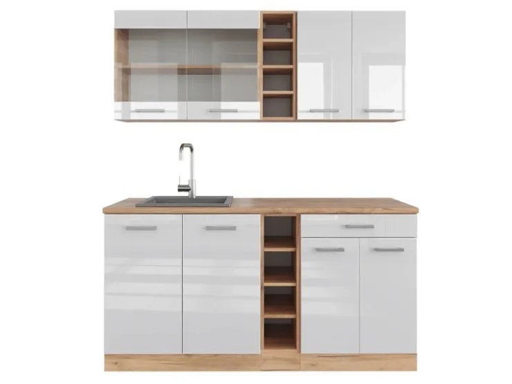 Single-Küchen|Herde<Vicco R-Line Singleküche Weiß Hochglanz/Goldkraft Eiche 160 cm ohne Arbeitsplatte ohne E-Geräte Hochglanz Weiß