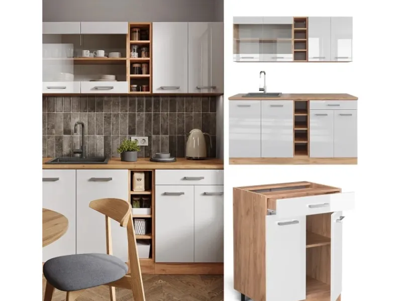 Vicco R-Line Singleküche Weiß Hochglanz/Goldkraft Eiche 160 cm AP Anthrazit ohne E-Geräte Single-Küchen|Einbauküchen