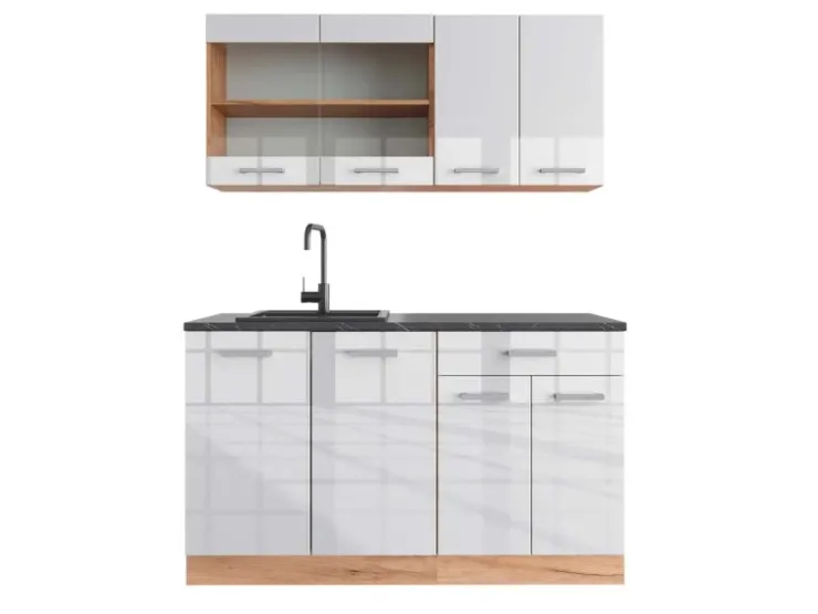 Single-Küchen<Vicco R-Line Singleküche Weiß Hochglanz/Goldkraft Eiche 140 cm AP Anthrazit ohne E-Geräte Hochglanz Weiß