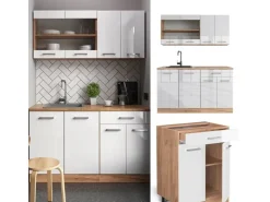 Single-Küchen<Vicco R-Line Singleküche Weiß Hochglanz/Goldkraft Eiche 140 cm AP Anthrazit ohne E-Geräte Hochglanz Weiß