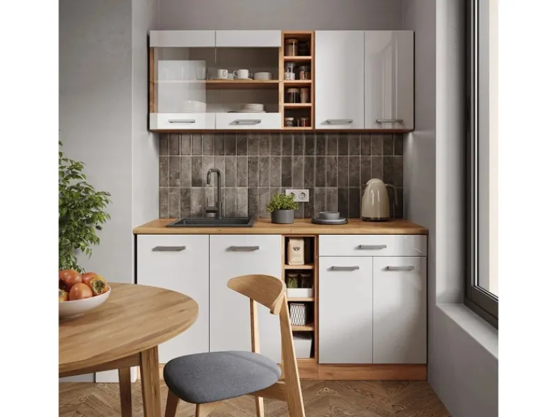 Sale Vicco R-Line Singleküche Weiß Hochglanz/Goldkraft Eiche 160 cm AP Marmor ohne E-Geräte Single-Küchen