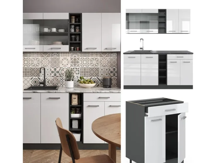 Single-Küchen<Vicco R-Line Singleküche /Anthrazit 160 cm AP Eiche ohne E-Geräte Weiß Hochglanz