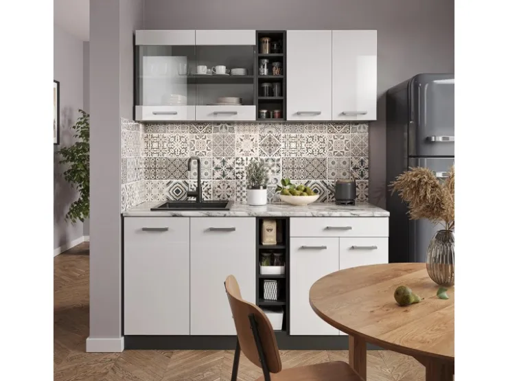Single-Küchen<Vicco R-Line Singleküche /Anthrazit 160 cm AP Eiche ohne E-Geräte Weiß Hochglanz
