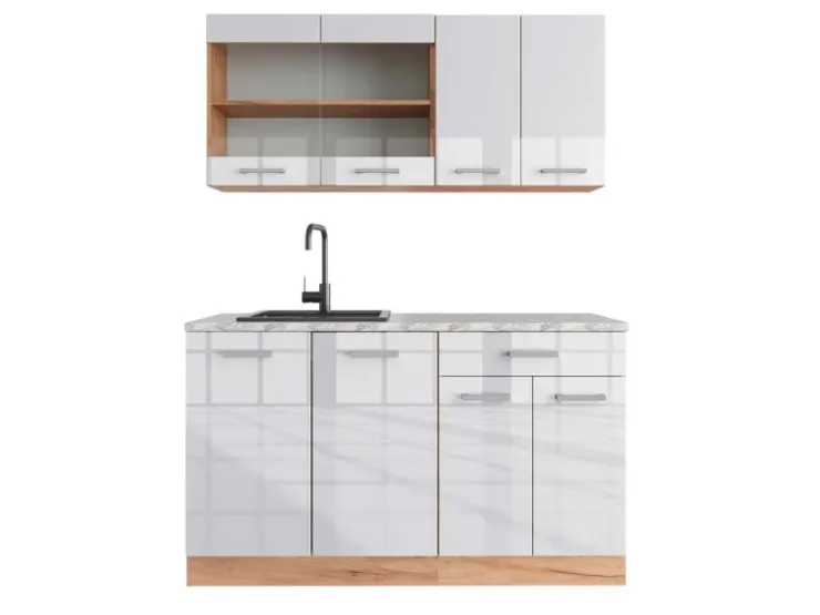 Discount Vicco R-Line Singleküche Weiß Hochglanz/Goldkraft Eiche 140 cm AP Marmor ohne E-Geräte Hochglanz Weiß