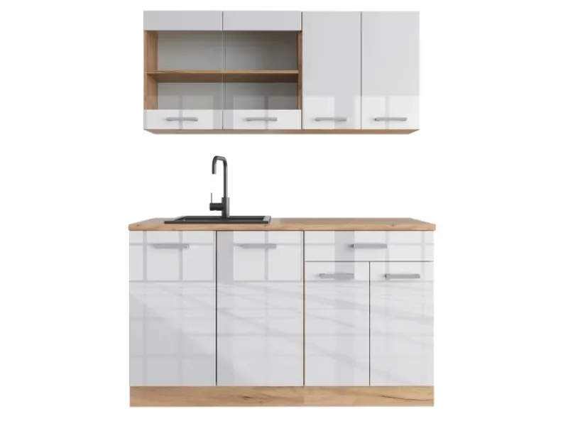 Vicco R-Line Singleküche Weiß Hochglanz/Goldkraft Eiche 140 cm AP Eiche ohne E-Geräte Single-Küchen|Einbauküchen