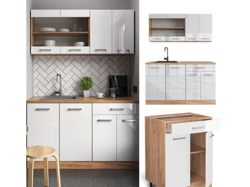 Vicco R-Line Singleküche Weiß Hochglanz/Goldkraft Eiche 140 cm AP Eiche ohne E-Geräte Single-Küchen|Einbauküchen