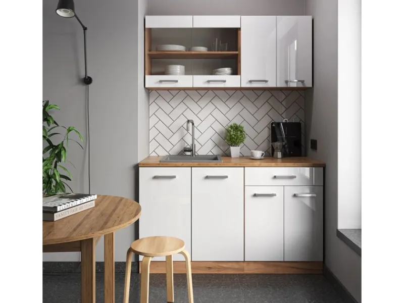 Vicco R-Line Singleküche Weiß Hochglanz/Goldkraft Eiche 140 cm AP Eiche ohne E-Geräte Single-Küchen|Einbauküchen