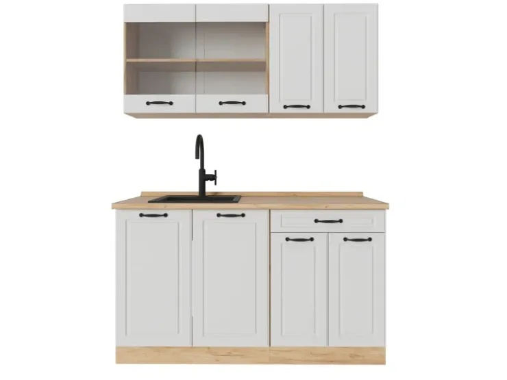 Single-Küchen|Einbauküchen<Vicco R-Line Singleküche Weiß Landhaus/Goldkraft Eiche 140 cm ohne Arbeitsplatte ohne E-Geräte Weiß Struktur