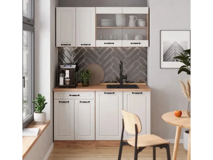 Single-Küchen|Einbauküchen<Vicco R-Line Singleküche Weiß Landhaus/Goldkraft Eiche 140 cm ohne Arbeitsplatte ohne E-Geräte Weiß Struktur