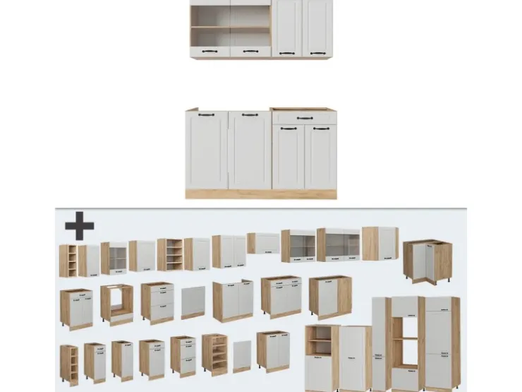 Single-Küchen|Einbauküchen<Vicco R-Line Singleküche Weiß Landhaus/Goldkraft Eiche 140 cm ohne Arbeitsplatte ohne E-Geräte Weiß Struktur